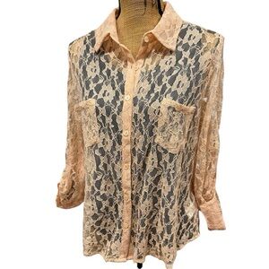 Xhilaration Lace Blouse Sheer Button Down Adjustable Sleeves Size XL